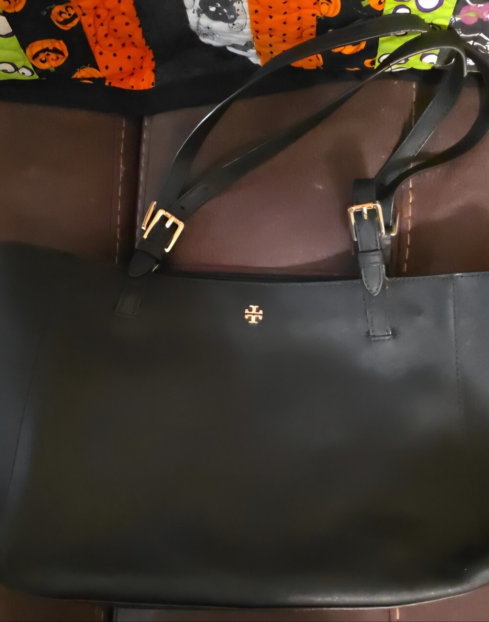 Tory Burch York Buckle Tote Purse Black Leather Tote with Gold Logo